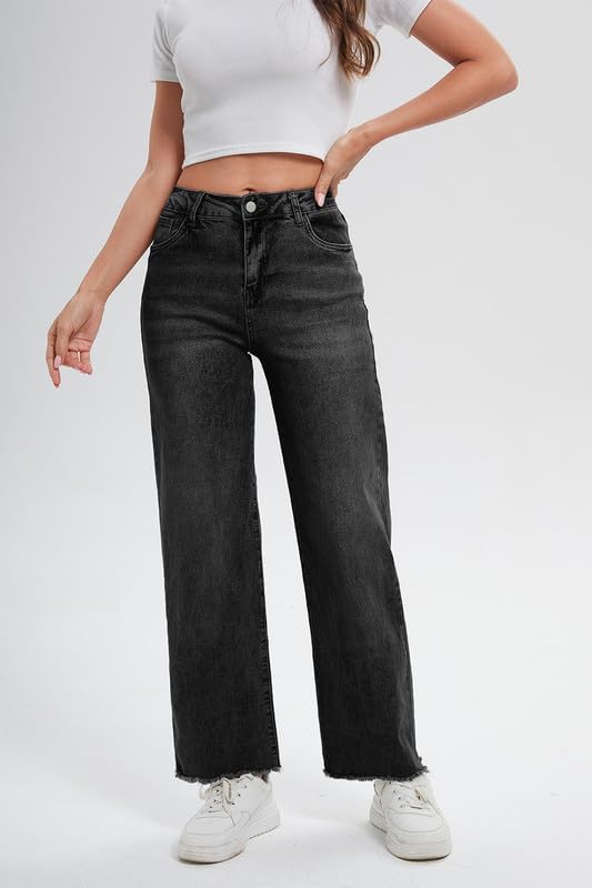 Women's Wide Leg Jeans 90S Vintage Zipper Fly Raw Hem Loose Fit Mid Rise Straight Leg Jeans for Women Denim Pants - Image 7