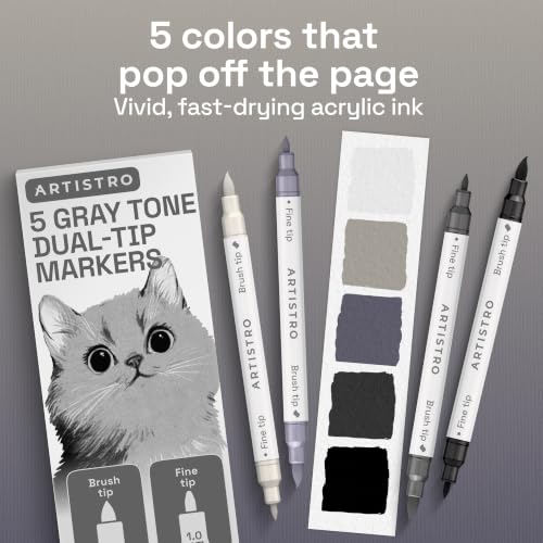 Image of ARTISTRO 5 Gray Tones Dual-Tip Acrylic Paint Marker Pens for Drawing | For Fabric, Rock, Glass, Wood, & Molds, Arts & Crafts Gift for Adults, Teens, & Kids, Classroom Must Haves & School Supplies