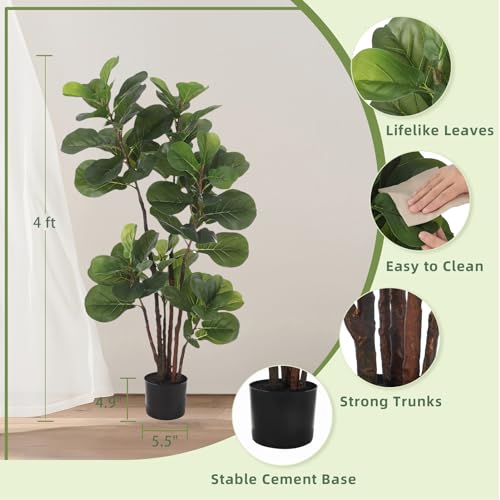 GlowSol Faux Fiddle Leaf Fig Tree, 4 Ft Artificial Ficus Lyrata Plant with 72 Fiddle Leaves, Fake Floor Plant in Pot for Indoor Outdoor Living Room House Office Bedroom Decor