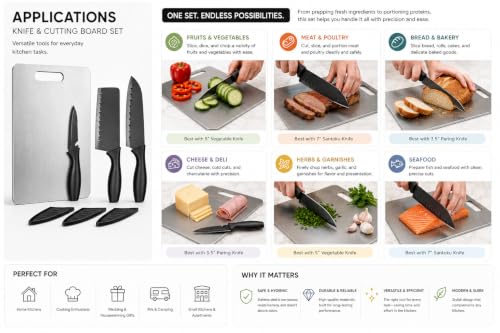 Image of Kitchen Knife Set with Steel Cutting Board | 3 Pcs Kitchen Knives Black Coated Stainless Steel Blades with Covers | Food Grade Steel Chopping Board for Vegetables, Fruits & Meat