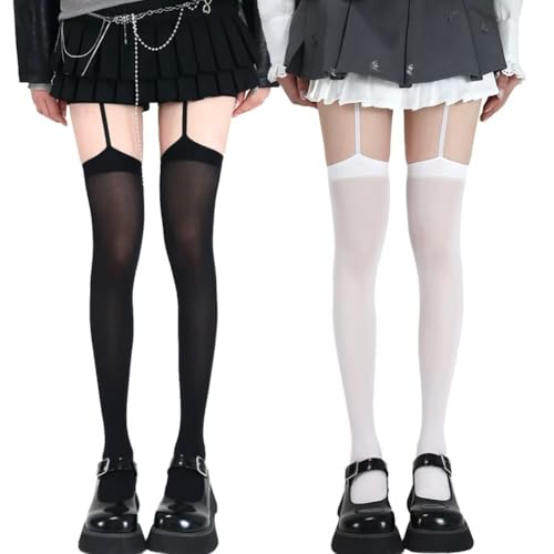 [Eukkis] オーバーニーソックス セクシー網ストッキング-ハイソックス2足セット レディース靴下 フリル 薄手 10デニール シースルー 落ちにくい ベルベットガーター ブラック ホワイト