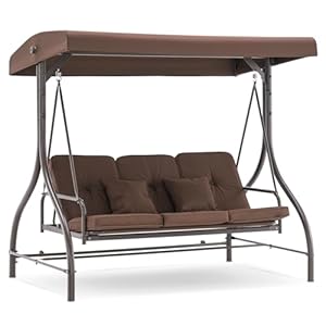 MCombo 3-Seat Outdoor Patio Swing Chair, 2-in-1 Convertible Porch Swing Glider Chair with Removable Cushions, Adjustable Canopy & Pillows for Backyard, Deck, Garden, 4068 (Brown)