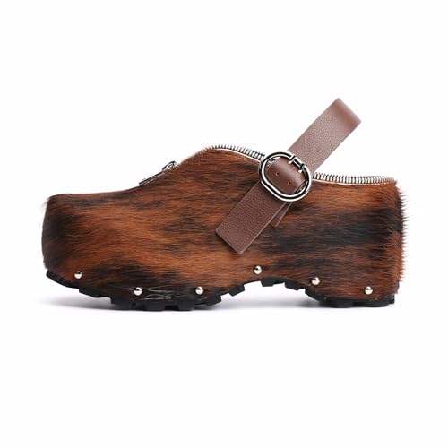 Image of XOBZJH Women's Natural Cow Print Fur Platform Clogs with Decorative Zipper & Adjustable Buckle Strap - Western Slip-On Punk Rivet Mules with Arch Support, Chunky Retro Rustic Style