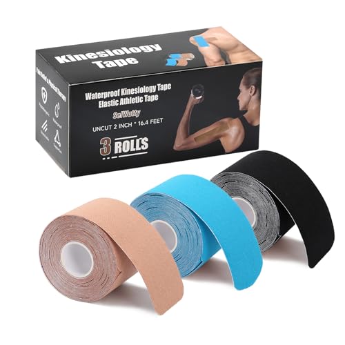 Kinesiotape 3 Rollos, Kinesiológica Elástica, Esparadrapo Deportivo, Agradable a La Piel, Impermeable y Transpirable, Alivia Los Músculos, Tono De Piel + Negro + Azul Claro (Hendidura previa 5cmx5cm)