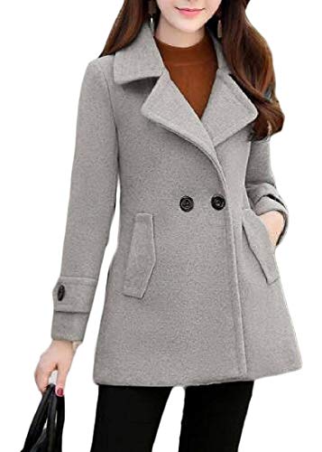 H.Wang Women Slim Winter Lapel Wool Blend Two Button Pea Coat Trench Coat Grey L