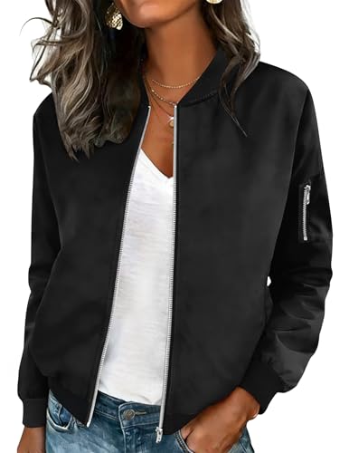 Image of HOTOUCH Jackets for Women Casual Zip Up Cute Coats Fashion Black Flight Jacket Work Tops M