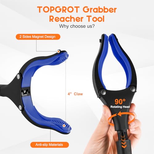2-Pack Grabber Reacher Tool, 34" Foldable Reacher Grabber Pickup Tool with 90° Anti-Slip Rotating Jaw & Magnets, 4" Wide Claw Opening Reachers for Seniors, Trash Picker Tool - Image 3