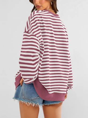 Image of PRETTYGARDEN Womens Striped Oversized Sweatshirt Color Block Crew Neck Long Sleeve Casual Loose Pullover Top Y2K Clothes