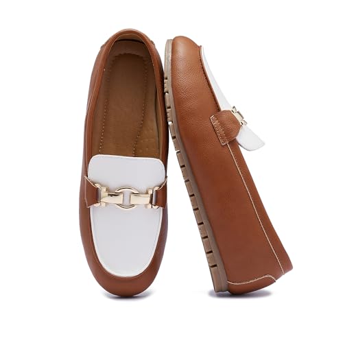 Image of VERDASCO Womens Loafers Casual Slip On Flat Shoes Moccasins Penny Loafers Comfortable Bussiness Dress Shoes Leather Brown White 6