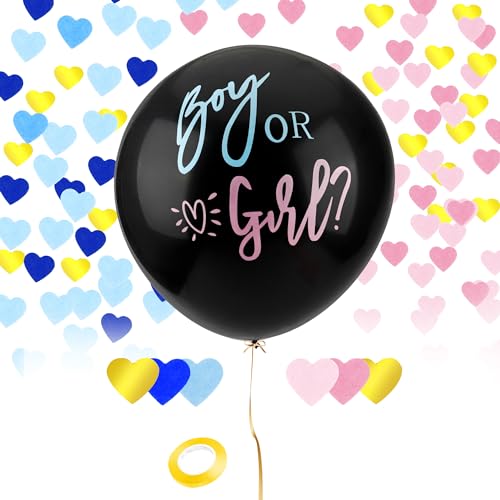 Image of Gender Reveal Balloon, 36 Inch Black Gender Reveal Balloon with Blue and Pink Heart Shape Confetti Big Boy or Girl Balloon Kit for Baby Genders Reveal Ideas Party Decorations Baby Shower Party Supplie