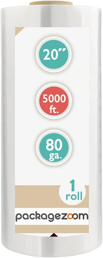 20" x 5000 Ft Machine Stretch Wrap, 80 Gauge Industrial Strength Pallet Wrap, Clear 1 Roll
