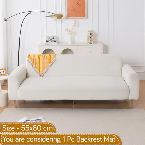 Image of HOKIPO 'Artisan Boho Series' Sofa Backrest Cover with Tassel | 450 GSM Thick Cotton Acrylic Jacquard Fabric Backrest Mat, Size 55x80 cm, Mustard Yellow (IN-900-A1)