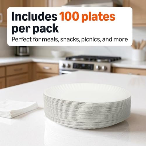 Amazon Basics 9" Uncoated White Paper Plates, Microwave Safe, 100 Count - 2