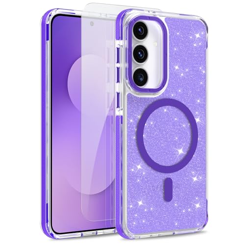 Image of Magnetic Case for Samsung Galaxy S25 FE 5G [Compatible with Magsafe] [Bling Glitter Fluorescent Design] [1 Screen Protector] Slim Translucent Matte Case for Galaxy S25 FE 5G 6.7 inch, Purple