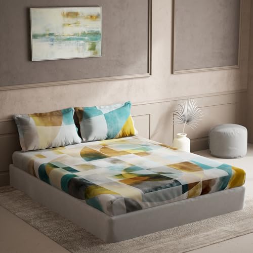 Image of Ddecor - Pack of 1 Cotton Abstract King 145 TC Bedsheet with 2 Pillow Covers - Turquoise