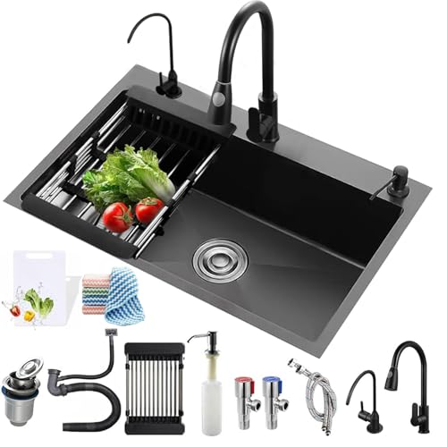 PIRPELO Black Kitchen Sink, Stainless Steel Single Bowl Sink, Embedded/Top