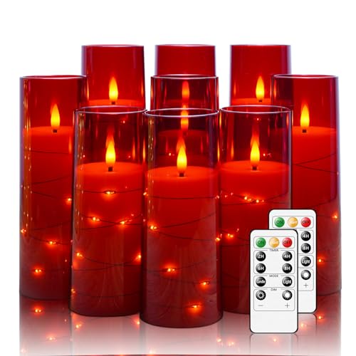Image of Nimiko Flickering Flameless LED Candles,Battery Operated Candles 9 Pcs with Embedded Star String,Acrylic LED Pillar Candles with Remote,Suitable for Home Decoration to Create an Atmosphere(Red)