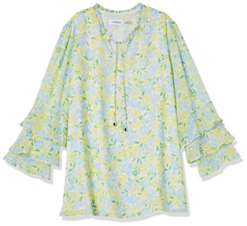 Calvin Klein Women's Printed Three Ruffle Cuff Sleeve Blouse, Cashmere CMB, Extra Large