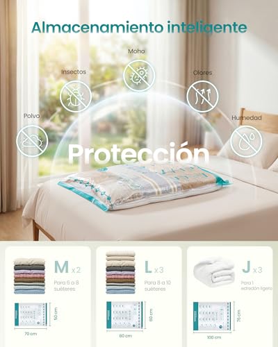 Miniatura 3 de SONGMICS Bolsas de Almacenamiento al Vacío, Bolsa de Almacenaje para Ropa, Sábanas, Armarios y Viaje, Compactas y Reutilizables, Bomba Manual Incluida, Juego de 8, 2M/3L/3J, Transparente LVB105W101
