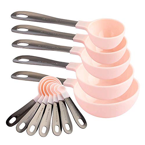Country Kitchen 12 PC Measuring Cups Set and Measuring Spoon Set/Gunmetal Stainless Steel Handles/Nesting Kitchen Measuring Set/Liquid Measuring Cup Set/Dry Measuring Cup Set (Pink)