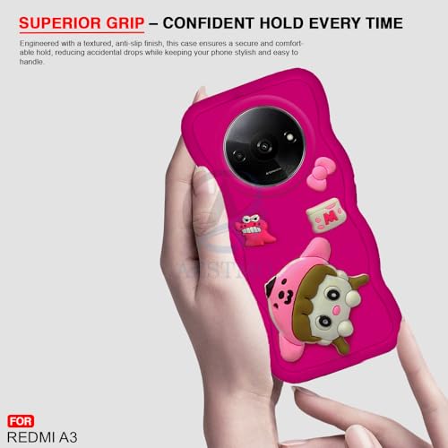 Image of AESTMO Back Case Cover for Redmi A3 | 3D Cute Fun Cartoon Characters | Anti Slip Grip Cute Wave Curly Frame Shape | Full Body Protection Back Cover for Redmi A3 |(Pink)