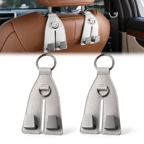 Image of Premium Leather Wrapped Design (Gray, 2pcs) | Double Hook Storage | Space Saving Car Organizer | Easy Headrest Installation