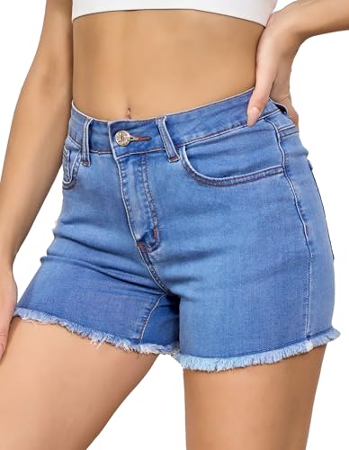 Image of VIPONES Women Mid Rise Jeans Shorts Frayed Raw Hem Summer Stretchy Casual Denim Shorts