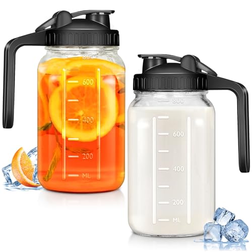 Image of irjeen Glass Pitchers with Handle and Lid, 32oz Breast Milk Pitcher, Wide Mouth Mason Jar Pitcher, Leak Proof Drink Pitcher Water Pitcher, for Breastmilk, Water, Juice, Milk, Tea, Iced Coffee, 2 Pack