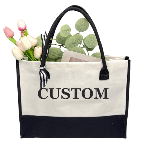 Gorgieousy Bolsa de mão personalizada de lona, moderna, com letras, flor, portátil, praia, ombro, compras, casual, bolsa de praia, bolsa de mão de grande capacidade, branca