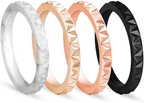 ThunderFit Womens Triangle Diamond Stackable Rings - 4 Rings (Black, Marble, Light Rose Gold, Rose Gold, 5.5-6 (16.5mm))