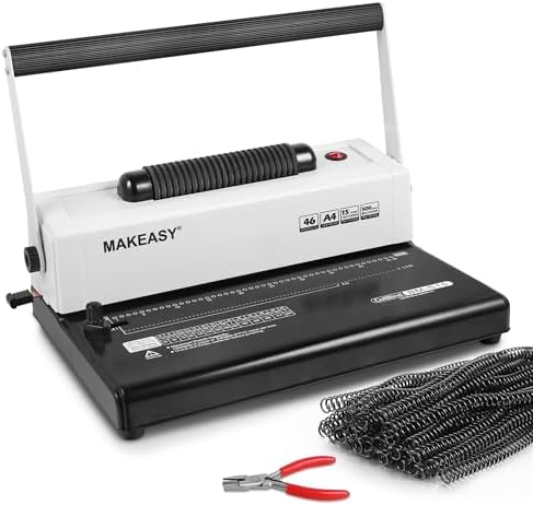 MAKEASY Coil Spiral Binding Machine, Punch 15 Sheet - Manual Hole Punch - Electric Coil Inserter - Adjustable Side Margin - for Letter Size/A4/A5, Comes with 1 Box 5/16'' Binding Coils & Plier