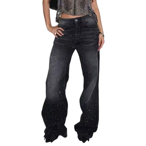 Pantalones Vaqueros con pedrería Brillante para Mujer, Pierna Recta, Corte Holgado, Vaqueros Modernos con Adornos Brillantes para Salir de Noche, Color Negro, Talla Grande.