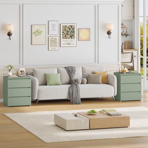Image of FOTOSOK Nightstand with 3 Drawers, Bedside Table Night Stand for Bedroom with Cut-Out Handle, Sofa Side Table 3 Drawer Nightstand for Bedroom, 17.7W*15D*21.7H, Green