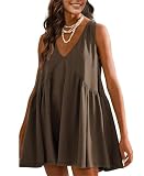 Picture of OPCAKM Women's V Neck Sleeveless Mini Dress Loose Summer Pleated Swing Flowy Sundress(Brown-M)