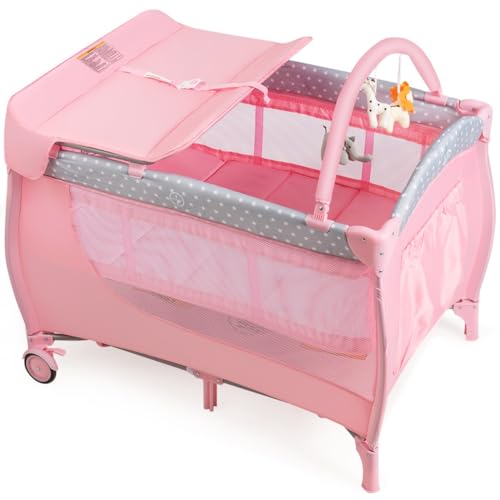 Maxmass 3 in 1 Baby Travel Cot, Infant Bedside Sleeper with Changing Table, Bassinet, Activity Center, 3 Cute Toys & Storage Bag, Portable Nursery Center for Newborn Toddlers (Pink)