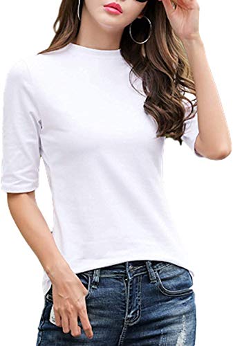 [ハベリィ] 五分袖 Tシャツ ハイネック カットソー 半袖 トップス 無地 インナー レディース (ホワイト, 2XL)