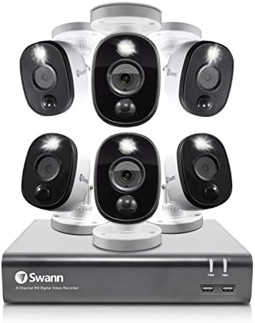 Swann Home DVR Security Camera System with 1TB HDD, 8 Channel 6 Camera, 1080p Video, Indoor or Outdoor Wired Surveillance CCTV, Color Night Vision, Heat Motion Detection, LED Lights, 845806