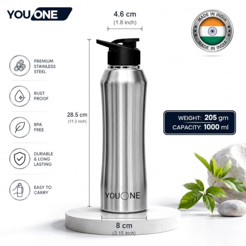 Image of YOUONE Stainless Steel 1000 ML Water Bottle /Thunder for fridge /School /Outdoor /Gym /Home /office /Boys /Girls /Kids, Leak Proof And BPA Free (Silver)