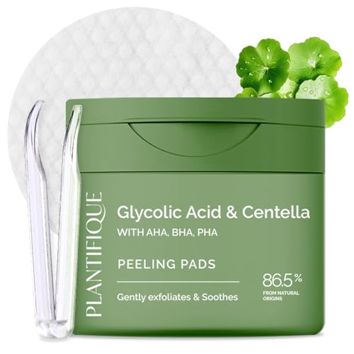 PLANTIFIQUE Almohadillas Exfoliantes Coreanas 60 piezas, con Acido Glicólico, CICA, AHA, BHA, PHA para Renovación Suave de la Piel - Korean Skincare Toner Pads - Envase rellenable & Pinzas