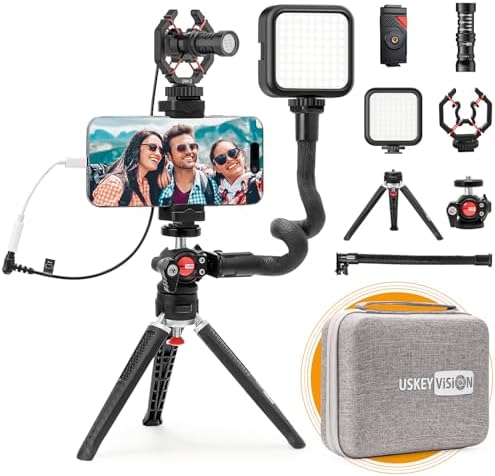 USKEYVISION Smartphone Video Vlogging Kit Metal Microphone Light Tiktok YouTube Podcast Equipment for iPhone 16/15/14 Mini/Pro/Max, Android Smartphone (V-Master)