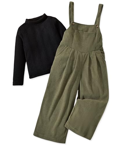 HINTINA 5T Toddler Girl Clothes Corduroy Overalls Jumpsuit Long Sleeve Casual Loose Bib Pants Romper Set Fall Winter 2 Pieces Outfits Size 5 Spring Clothing, 5-6 Years, Army Green