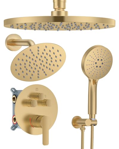 Shower System with Pressure Balance Valve, 10" Ceiling Mount Shower Faucet Set with 2 Rain Shower Head And Multi-function Handheld Head Push Button Diverter Pressure Balancing Valve Kit, Brushed Gold