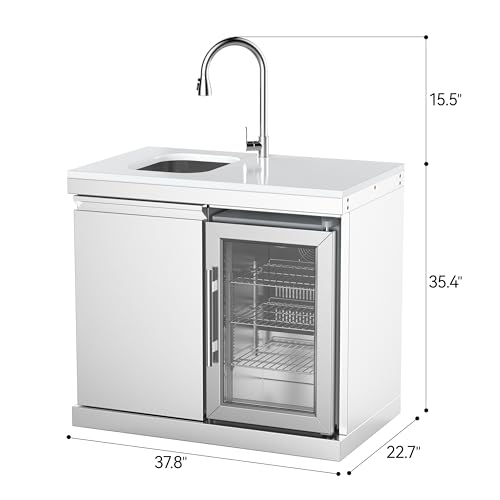 Image of Sink and Fridge Combo for Outdoor Kitchen, 68L Refrigerator and Sink with Pull-Down Faucet, Brushed SS and Granite Countertops, All-in-One BBQ Island Cleaning Station