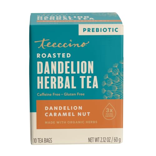 Teeccino Dandelion Caramel Nut Tea - Caffeine Free, Roasted Herbal Tea with Prebiotics, 3x More Herbs than Regular Tea Bags, Gluten Free - 10 Tea Bags