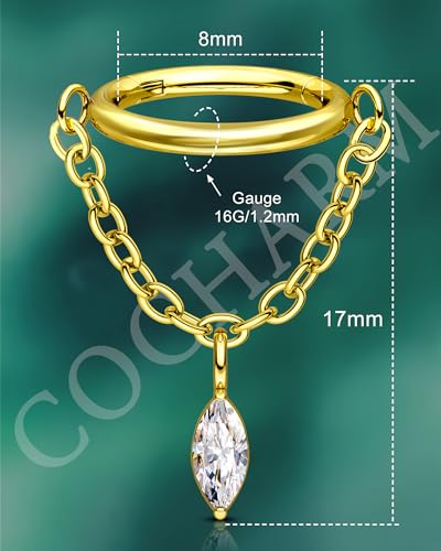 COCHARM 16g Titanium Dangle Chain Helix Earrings Gold Dangling Rook Hoop Piercing Jewelry, 8mm Dangly Chain Gold Helix Ring Surgical Steel Rook Earring for Women Men3