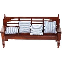 Vctitil 1 12 Scale Doll House Furniture Miniature Model Vintage Wooden Long Sofa and Lying Chair with 4 Mats Doll House Decoration