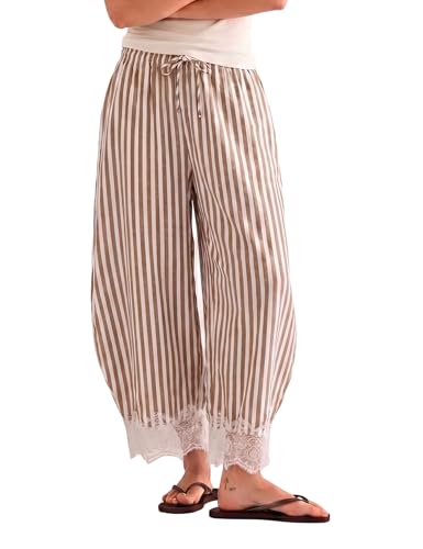MINSURE Women's Striped Lace-Hem Capri Pants Casual Summer Wide Leg Cropped Palazzo Trousers with Pockets(Brown-L)