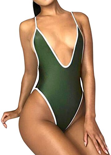 FITTOO Women Monokini Retro Thong One Piece Swimsuit Deep V High Cut Sexy Trikini Push up Strappy Backless S Olive - Thumbnail 4