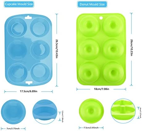 4-Pack 6 Cavity Silicone Doughnut Mould & 6 Cup Silicone Muffin Tray Baking Mould, Non-Stick Baking Tray Donut Moulds for Baking Donuts Cookies Cakes Cupcakes Candy Biscuit Bagels (Green&Blue)