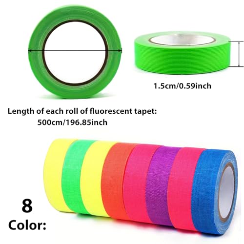 Neon-Klebeband 8 Pack, Gewickelte Klebebandrolle, Fluoreszierendes Klebeband, Uv-Schwarzlicht, Fluoreszierendes Klebeband, Neonfarbenes Stoffband FüR Partydekorationen, Halloween-Bastelarbeiten